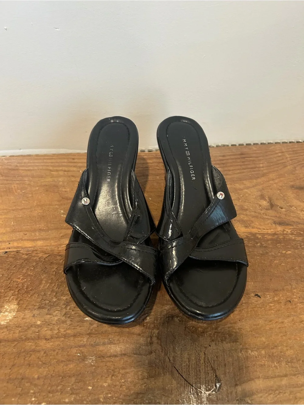 Tommy Hilfiger Black Patent Wedge Slide Mules 7
